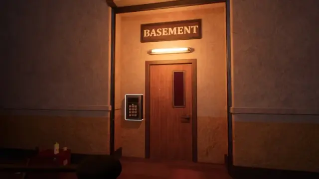 Door marked Basement with a keypad mounted on its left