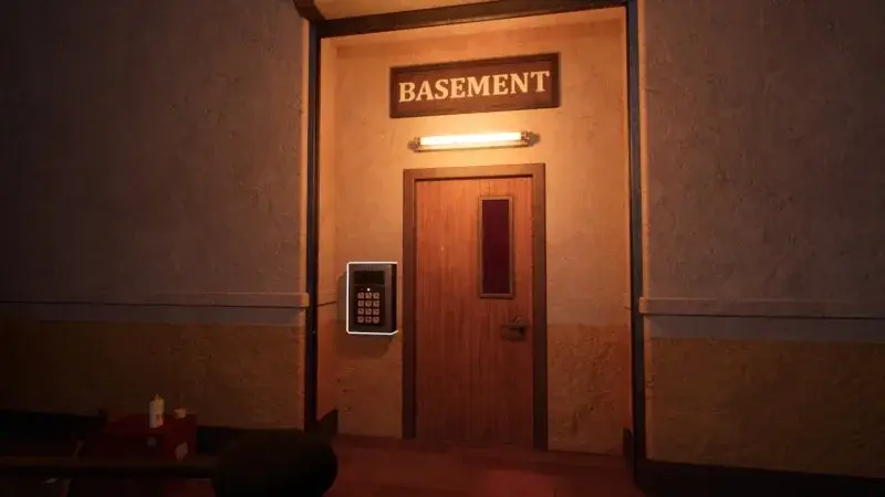 Door marked Basement with a keypad mounted beside it