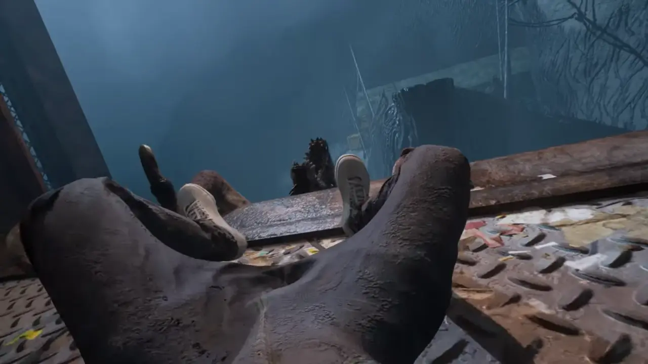 Jordan lies at a metal ledge with a creature reaching up from the shaft below.
