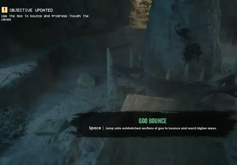 A cavern route with the Goo Bounce tutorial and an objective to use goo to progress.