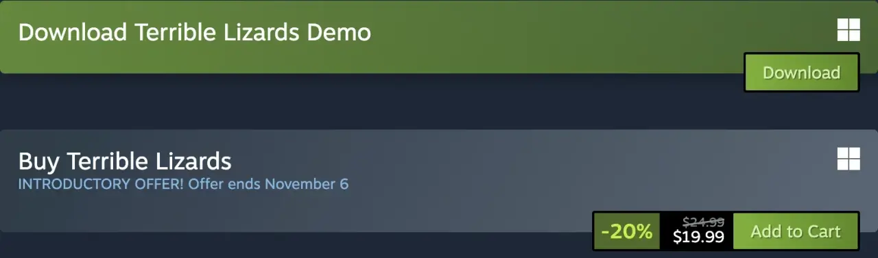 Steam purchase panel showing a $24.99 standard price and $19.99 introductory price