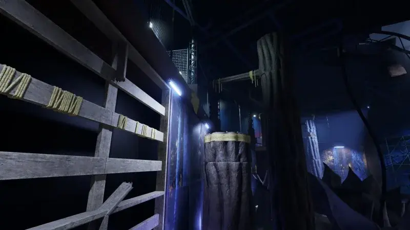 Raised stump platforms and a horizontal pole along the exhibit route