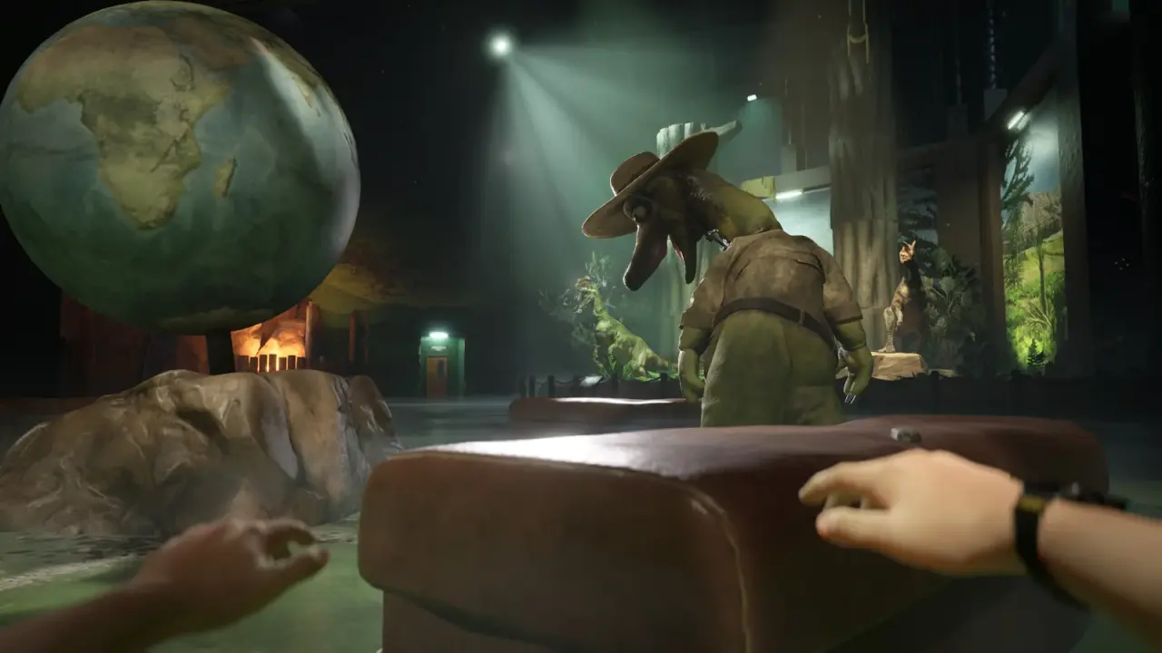 Large globe, exhibit scenery and a dinosaur-costumed figure in the Watering Hole