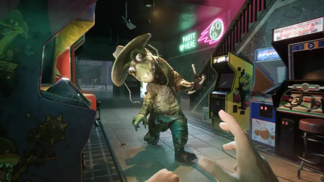 Dinosaur-costumed figure reaching toward the player between arcade machines