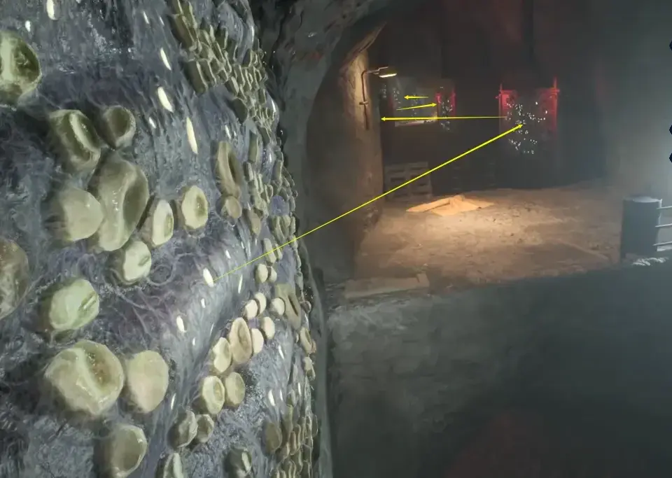 Goo-covered cavern wall with an indicated route toward a distant platform
