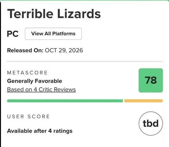 Terrible Lizards PC score panel showing a Metascore of 78 from four critic reviews and a pending user score.