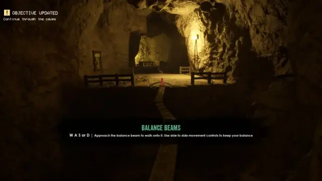 A narrow balance beam crosses a cavern gap beneath the Continue through the caves objective.