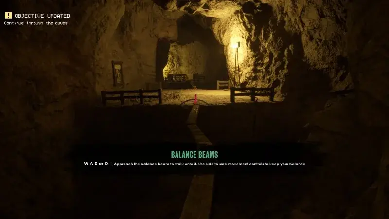 A narrow balance beam crosses a cavern gap beneath the Continue through the caves objective.