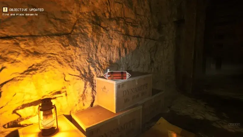 Dynamite bundle highlighted on a crate in a narrow cavern tunnel