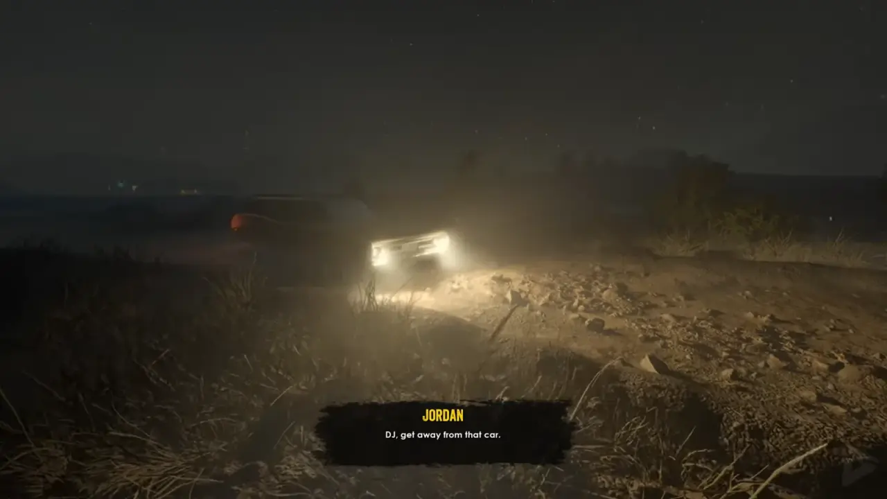 A car with bright headlights on rocky ground at night while Jordan warns DJ to stay away.