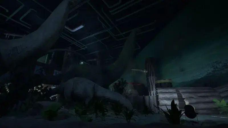 Tree branches and upper walkway above the Watering Hole dinosaur display