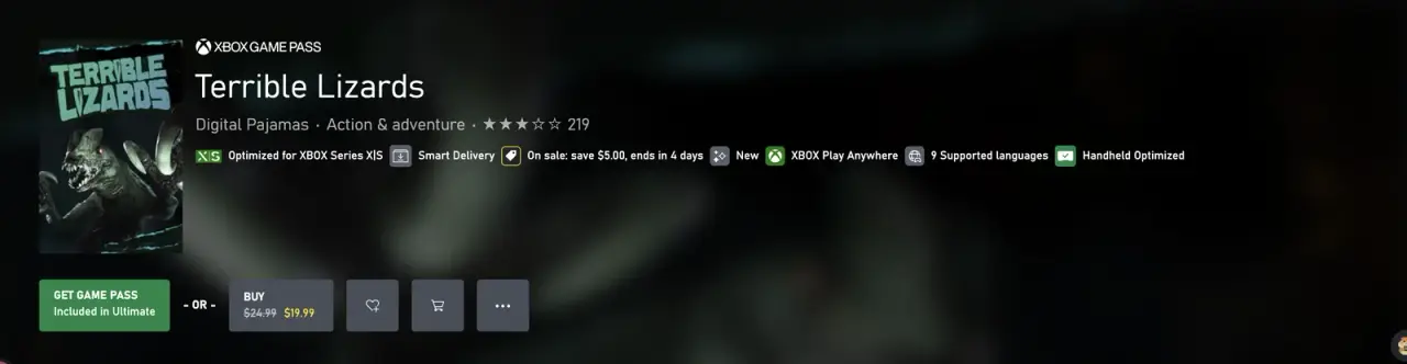 Xbox product listing for Terrible Lizards with Series X/S labels and separate Game Pass and Buy options