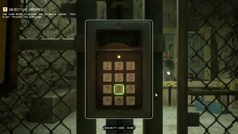 Keypad at the dynamite locker with security code 0180 displayed