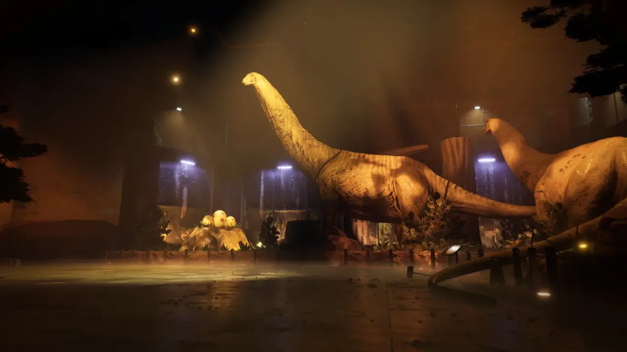 Long-necked dinosaur displays and an egg nest in the museum exhibition hall