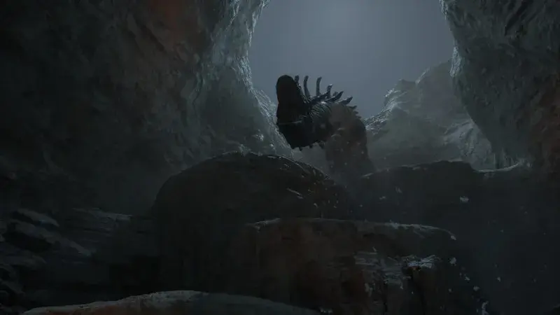 Brontosaurus looming over rocky ledges in a cavern chase