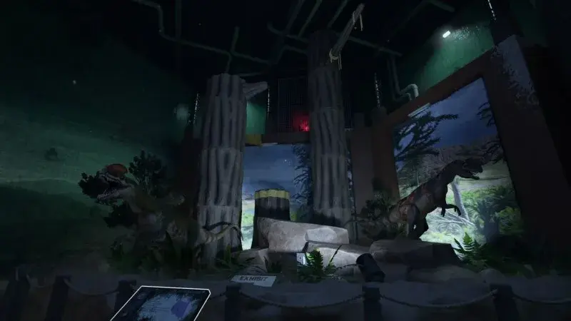 Museum stage with dinosaur figures and a red-lit upper platform