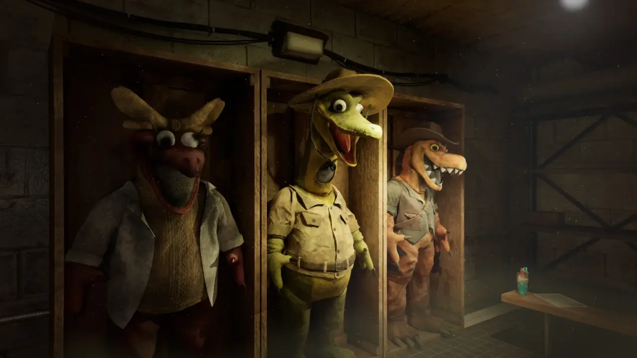 Three dinosaur mascot costumes stored upright in a backstage room