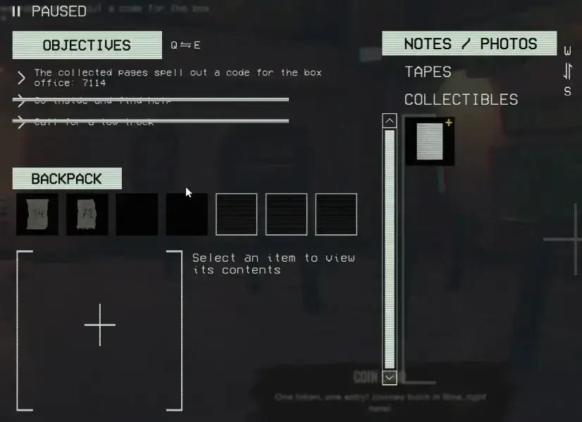 Pause interface with Objectives, Backpack, Notes / Photos, Tapes and Collectibles categories