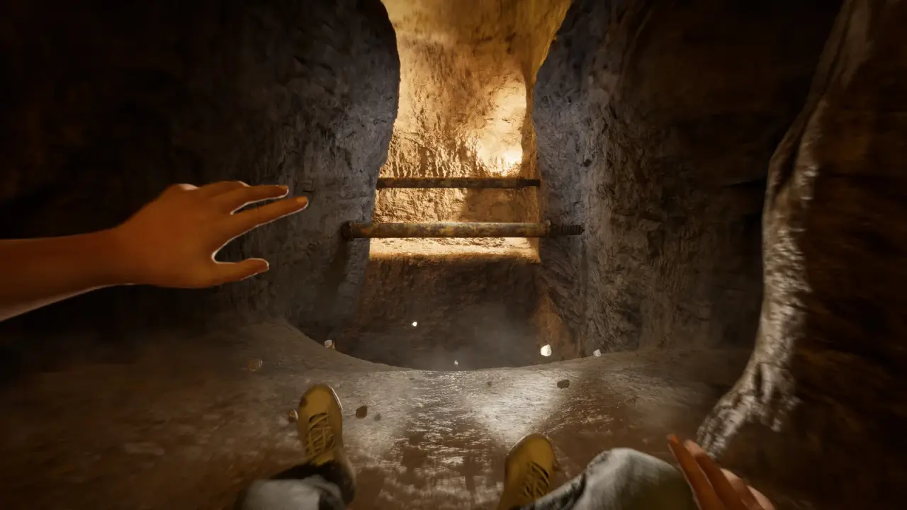 A first-person slide through a low cavern passage beneath two metal bars.