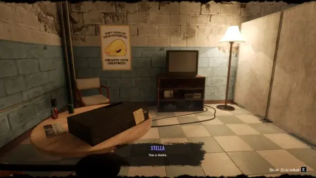 The gift-shop office during a headset conversation labeled Stella in the subtitles.