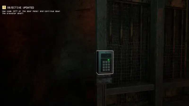 Objective update above a keypad beside a metal gate